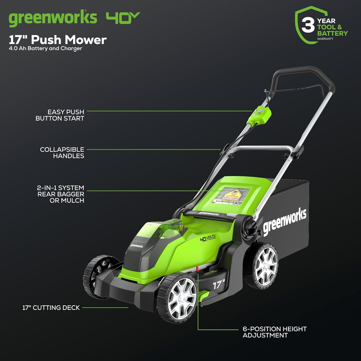 40V 17′′ Cordless Lawn Mower with Battery & Charger