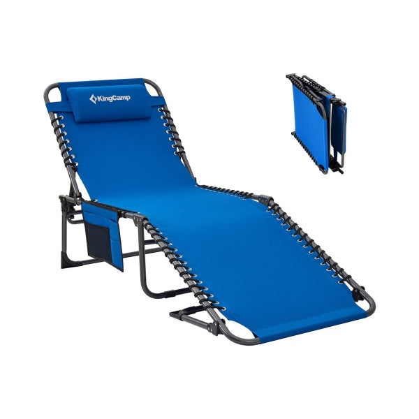 2026 4-Fold Outdoor Folding Chaise Lounge Chair for Beach, Sunbathing, Patio, Pool, Lawn, Deck, Portable Lightweight Heavy-Duty Adjustable Camping Reclining Chair with Pillow, Blue
