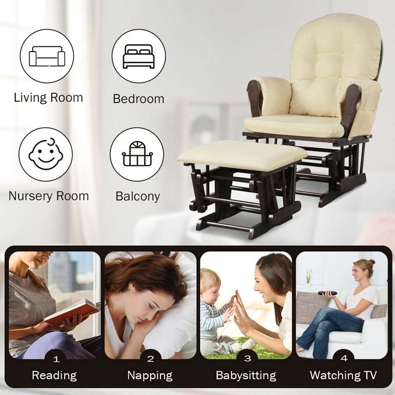 2026 Solid Wood Nursery Gliding Rocking Chair, Baby Glider and Ottoman Set with Padded Cushions & Storage Pockets