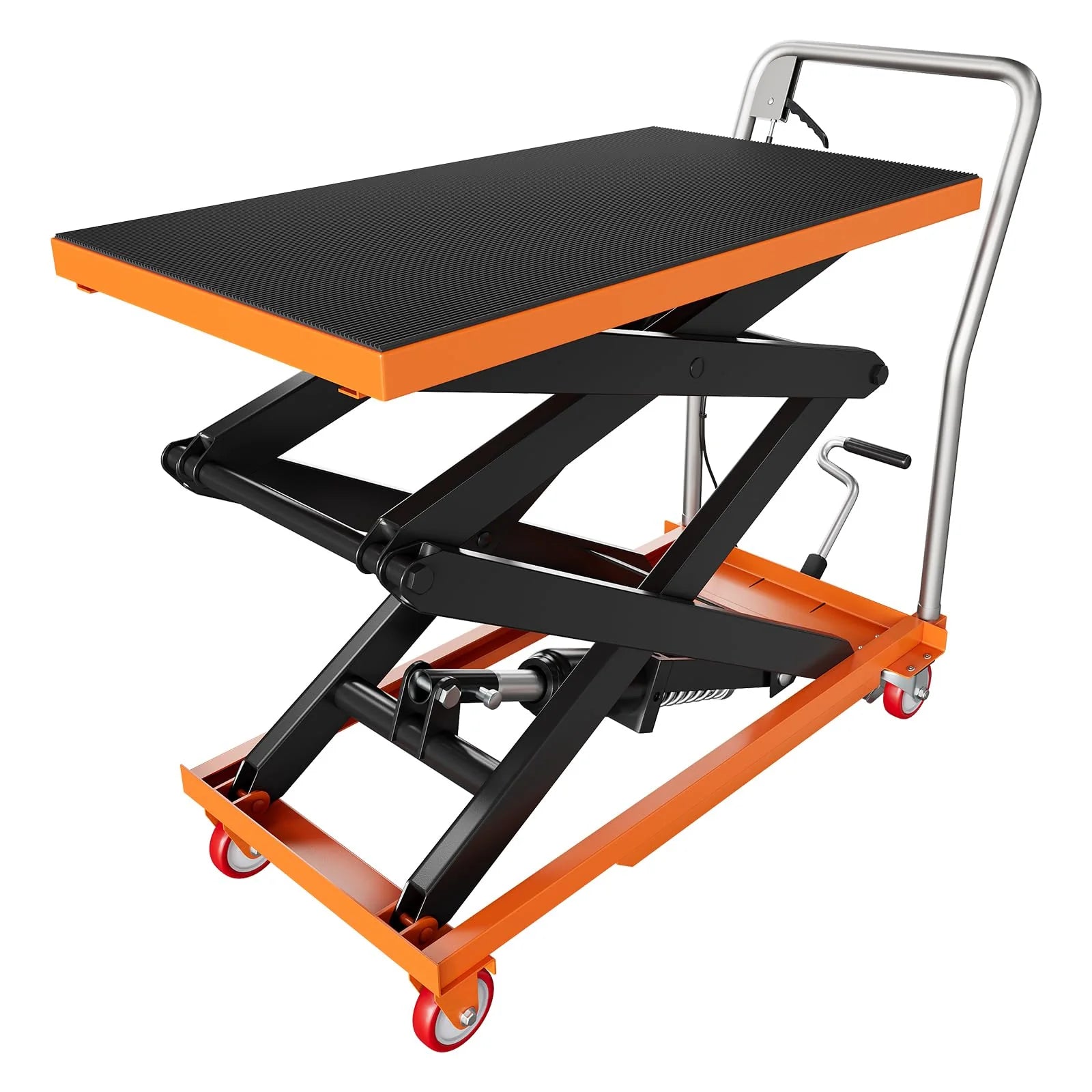 770lbs Capacity Hydraulic Lift Table Cart, 14′′-59′′ Lifting Height Manual Double Scissor Table Lift Cart with Non-Slip Pad for Material Handling and Transportation – Orange