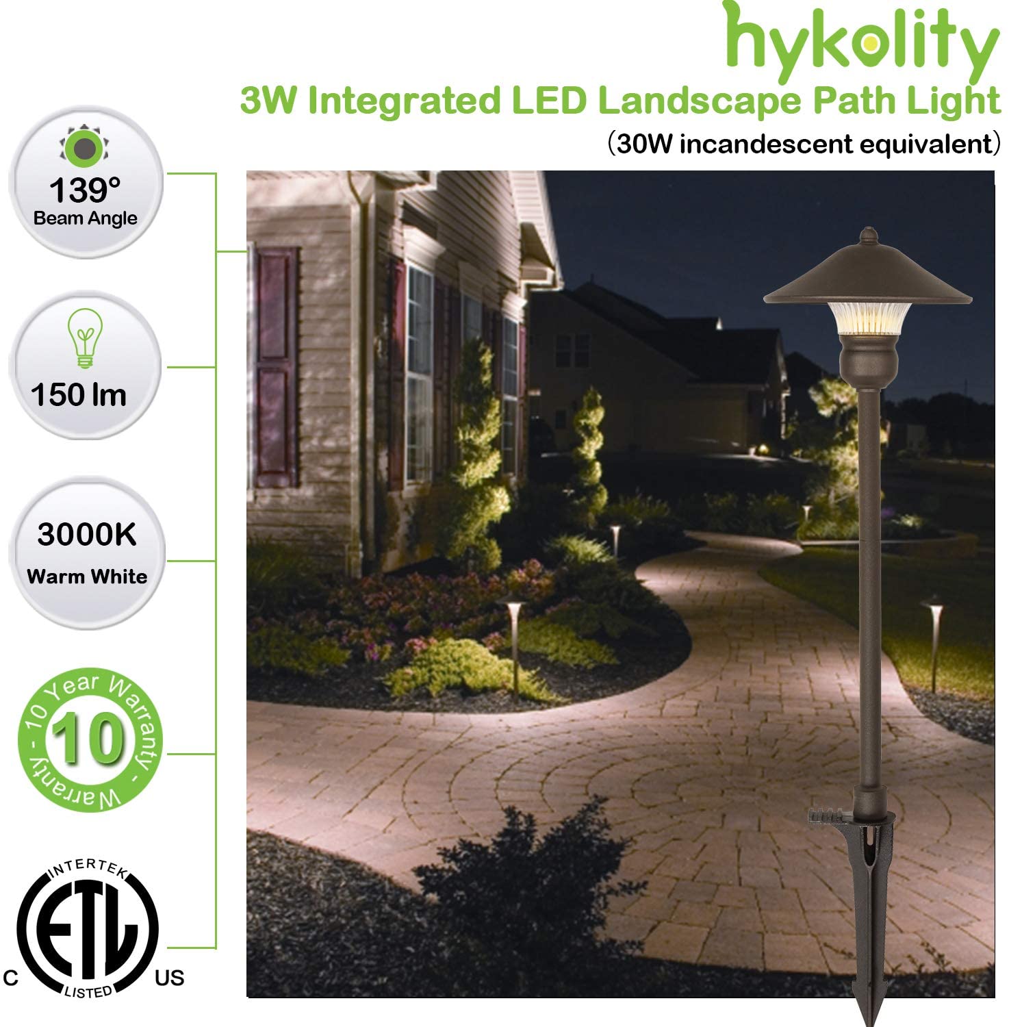 6 Pack Low Voltage LED Landscape Pathway Light. 3W 150LM 12V Wired for Outdoor Yard Lawn. Die-cast Aluminum Construction. 30-Watt Equivalent 15-Year Lifespan
