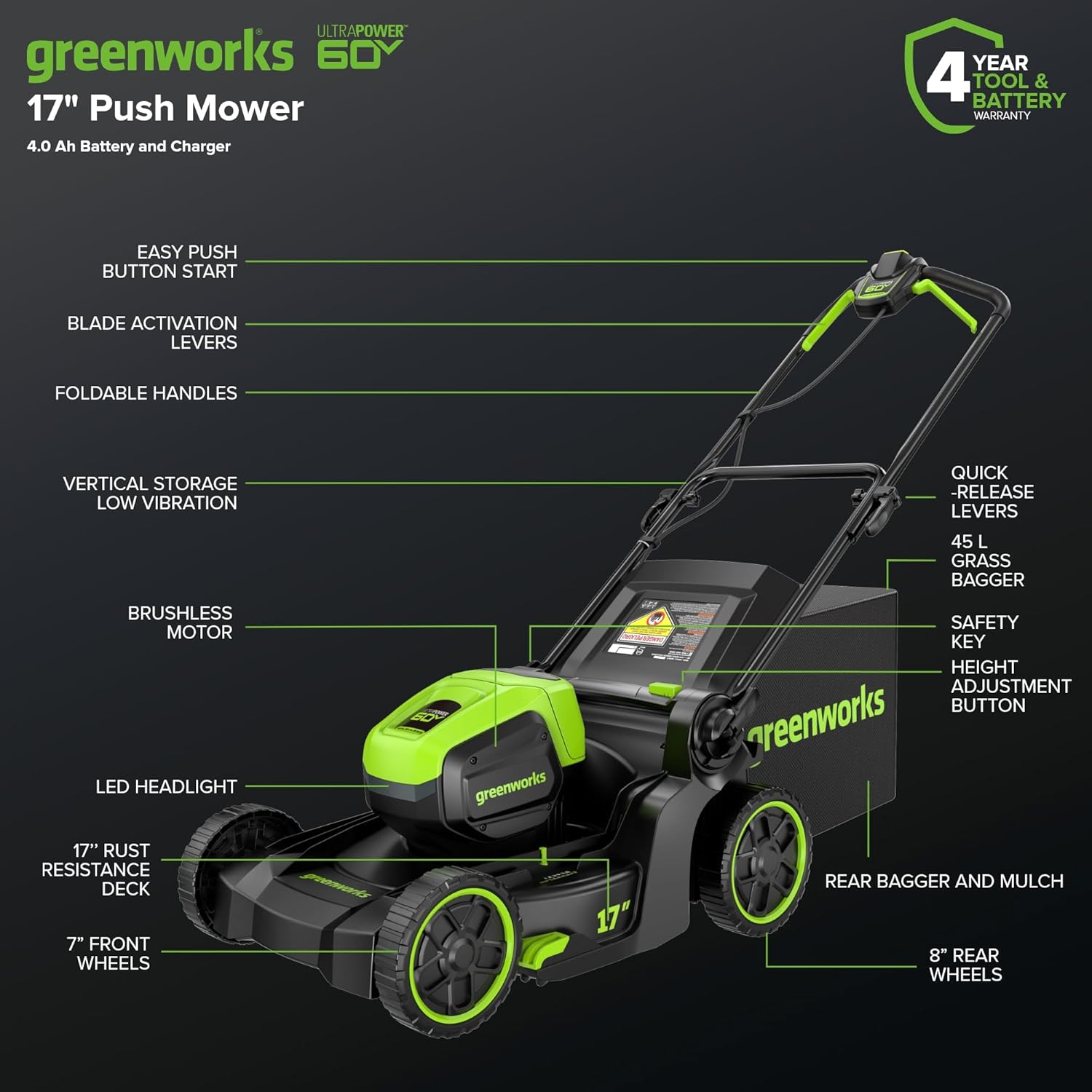 60V 17′′ Brushless Cordless Lawn Mower with Battery