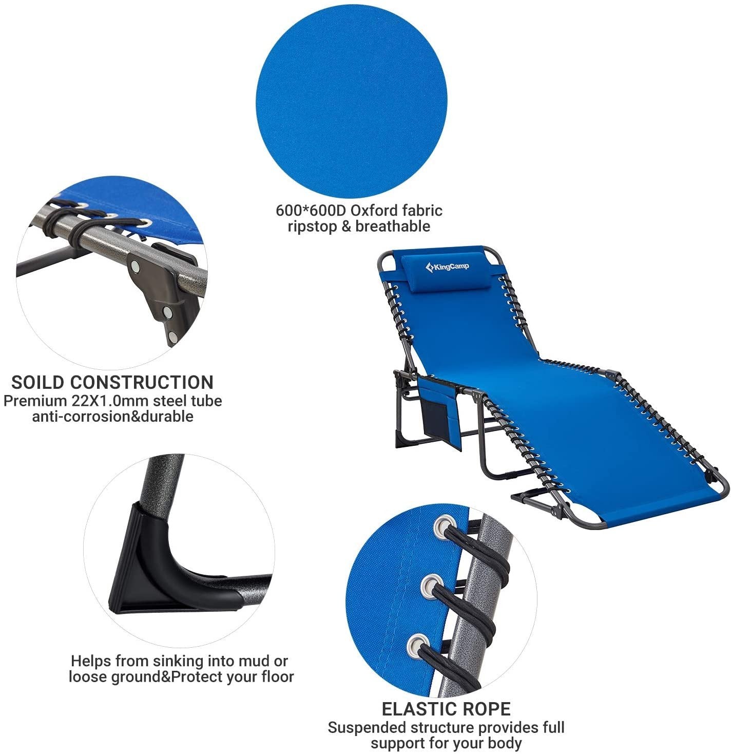 2026 4-Fold Outdoor Folding Chaise Lounge Chair for Beach, Sunbathing, Patio, Pool, Lawn, Deck, Portable Lightweight Heavy-Duty Adjustable Camping Reclining Chair with Pillow, Blue