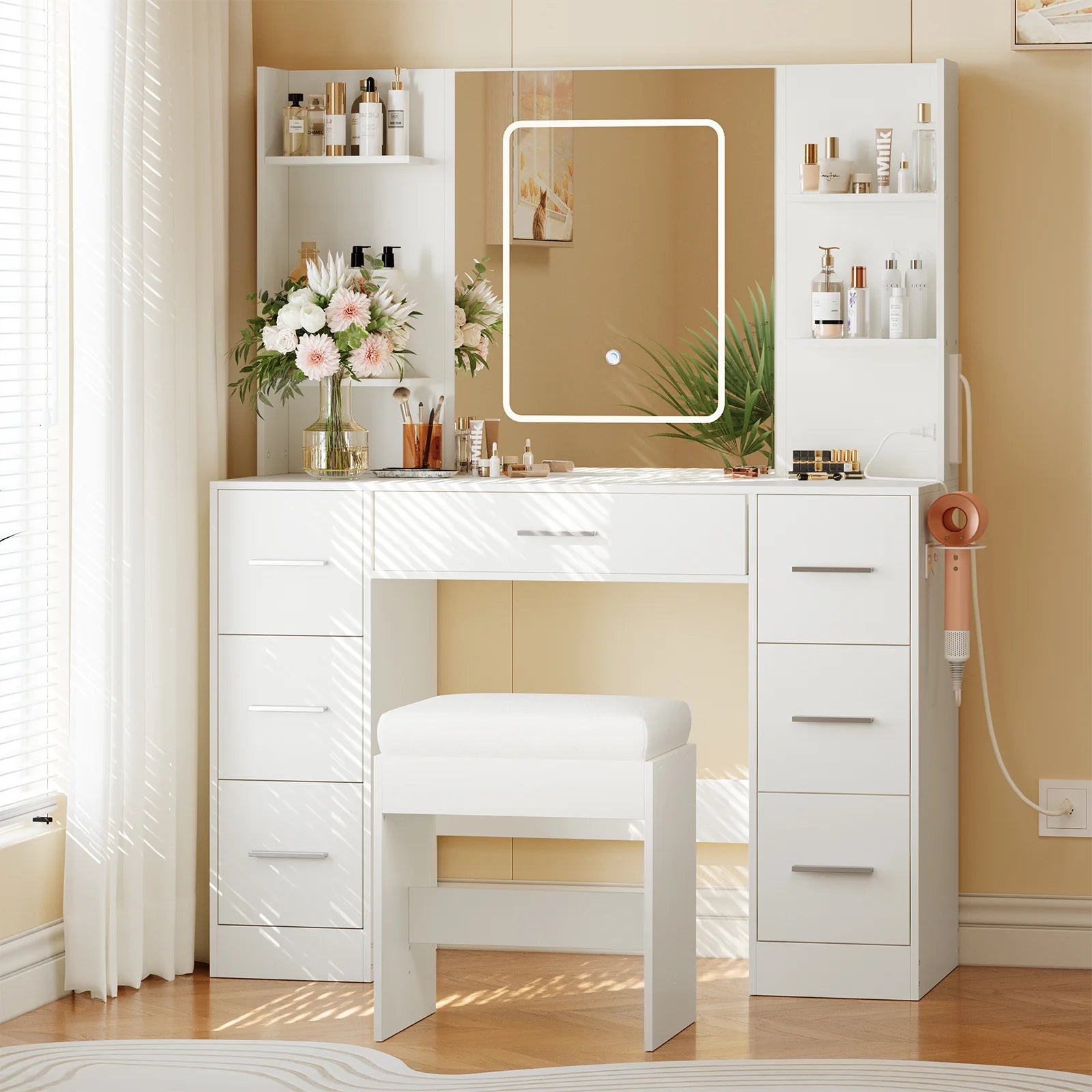 43.3” Vanity Desk Stool Set, Modern Makeup Table with Lighted Mirror, Power Outlet, 7 Drawers, 4 Open Shelves, White