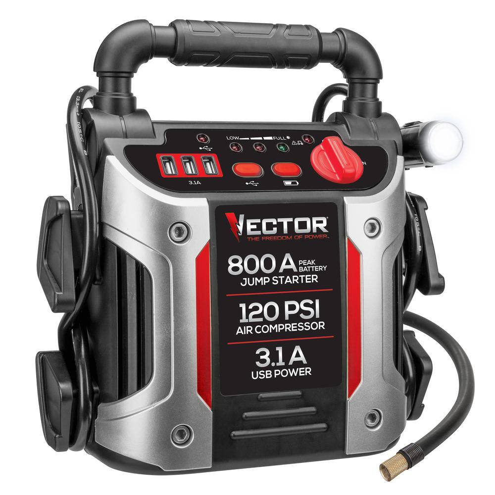 800 Peak Amp Jump Starter 120 PSI Air Compressor Three USB Charging Ports Rechargeable