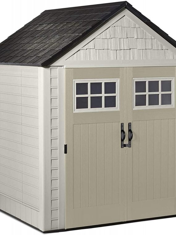 2026 Rubbermaid 7 7 Ft Durable Weather Resistant Resin Outdoor Garden Storage Shed with Windows and Utility Hooks, Sand NO250113