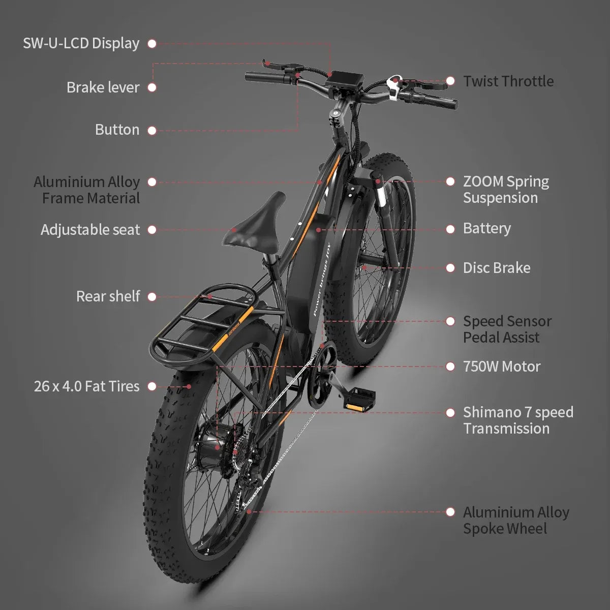 26 In.48V 13Ah 750W Mountain Electric Bikes for Adults Men, 26′′x4.0 Fat Tire Electric Bicycle 7 speeds Gear Outdoor Ebikes, Black,S48
