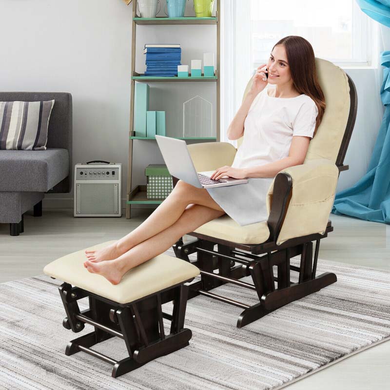 2026 Solid Wood Nursery Gliding Rocking Chair, Baby Glider and Ottoman Set with Padded Cushions & Storage Pockets