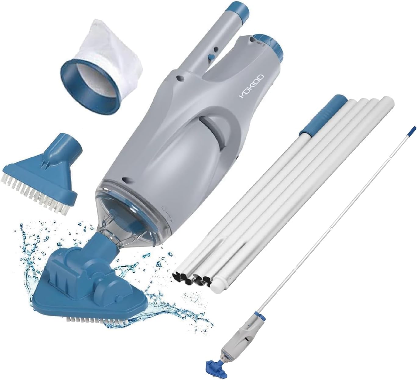 2026 KOKIDO 2026 Rechargeable Handheld Pool Vacuum Set with Adjustable Pole and 2 Interchangeable Brush Heads  for Above Ground Pool  Hot Tub  Spa and Small Pools to 20ft  Cordless  Spot Clean XTROVAC 110