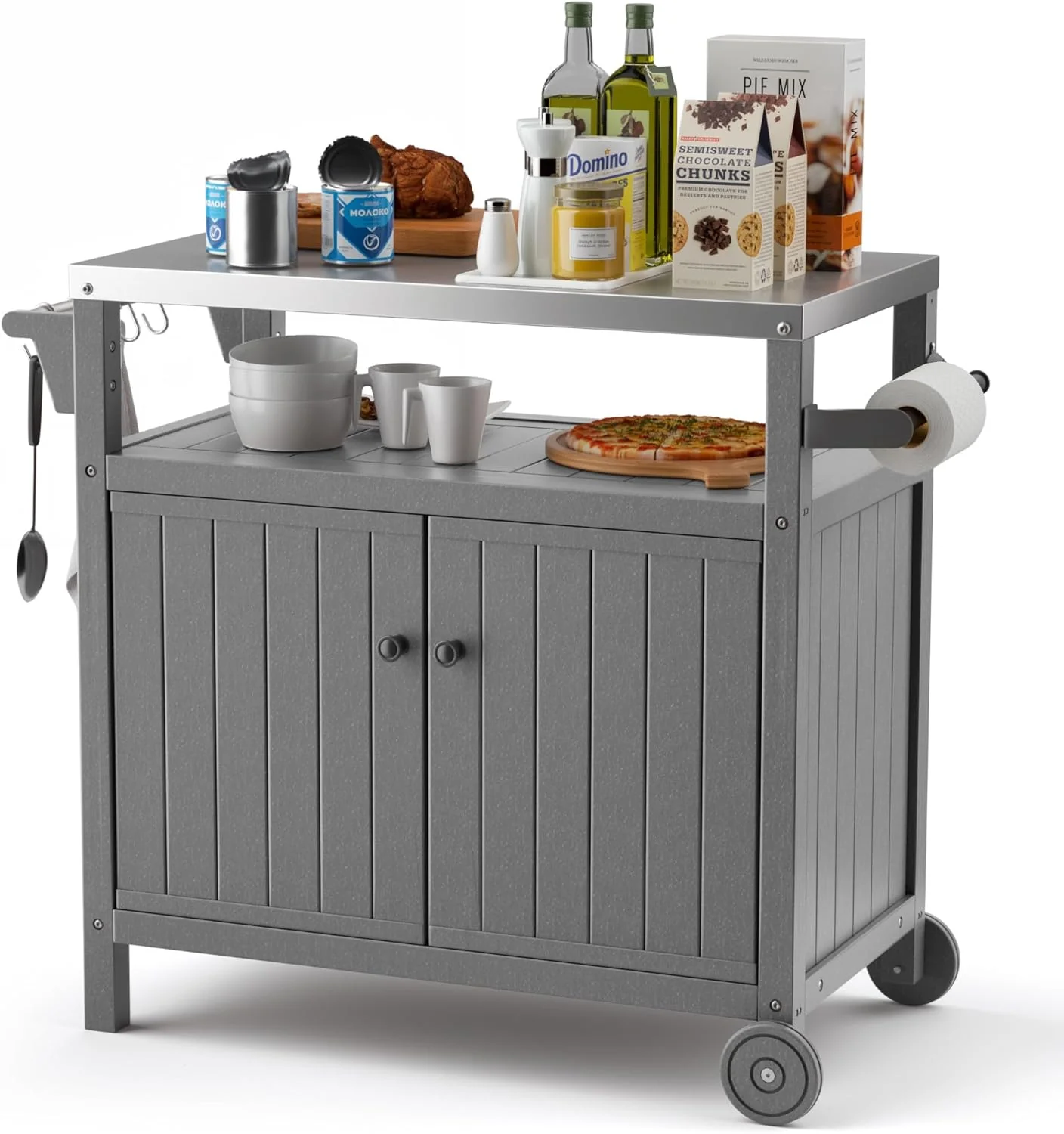 “Portable Outdoor Grill Prep Table with Storage. Stainless-Steel Tabletop. BBQ Cart with Wheels and Side Shelf | Gray”