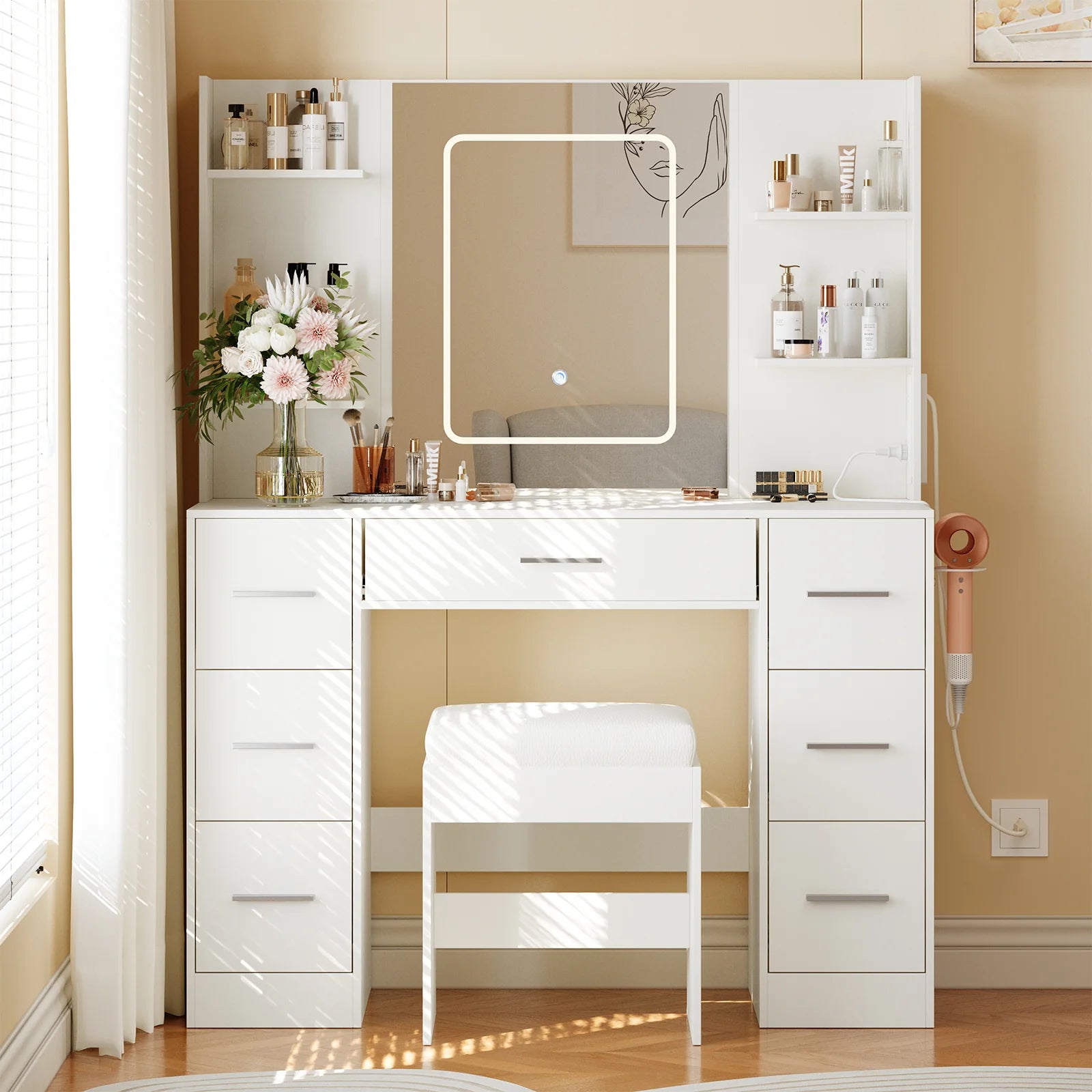43.3” Vanity Desk Stool Set, Modern Makeup Table with Lighted Mirror, Power Outlet, 7 Drawers, 4 Open Shelves, White
