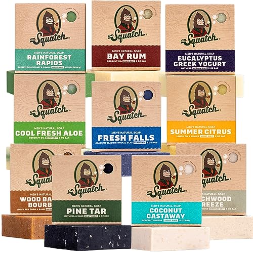 2026 Dr. Squatch Men’s Bar Soap Gift Set (10 Bars) – Men’s Natural Bar Soap – Rainforest Rapids  Fresh Falls  Coconut Castaway  Wood Barrel Bourbon  Pine Tar  Birchwood Breeze  Cool Fresh Aloe  and more