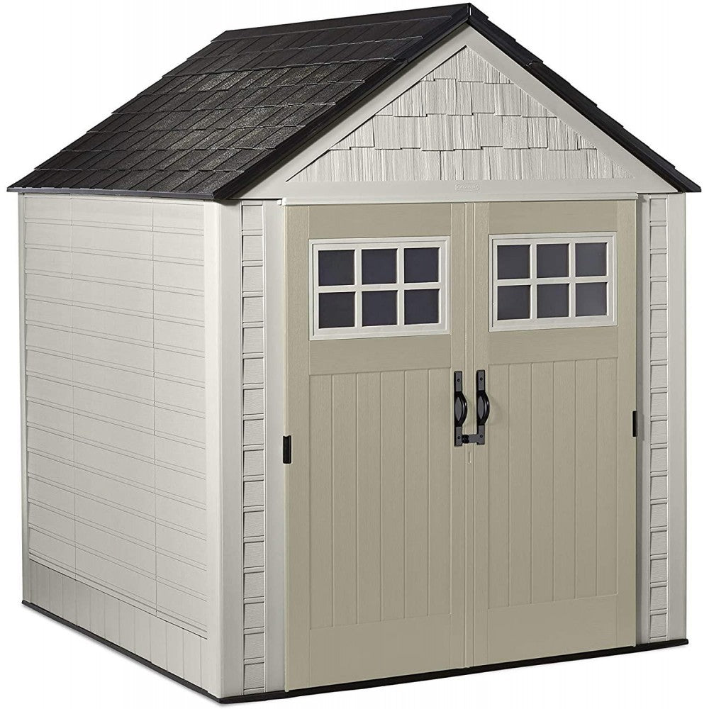 2026 Rubbermaid 7 7 Ft Durable Weather Resistant Resin Outdoor Garden Storage Shed with Windows and Utility Hooks, Sand NO250113