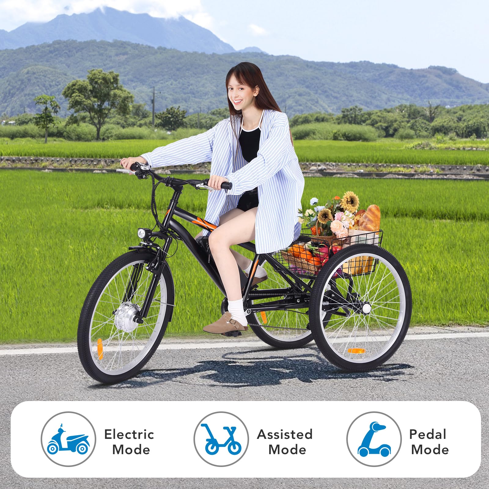 3 Wheel Electric Bicycle for Men Women, 350W Motor Electric Tricycle for Adults, 26′′ Fat Tire Motorized Bicycle w/ 36V 10Ah Removable Battery, 7 Speed Electric Trike up to 50+ Miles, 3 Modes