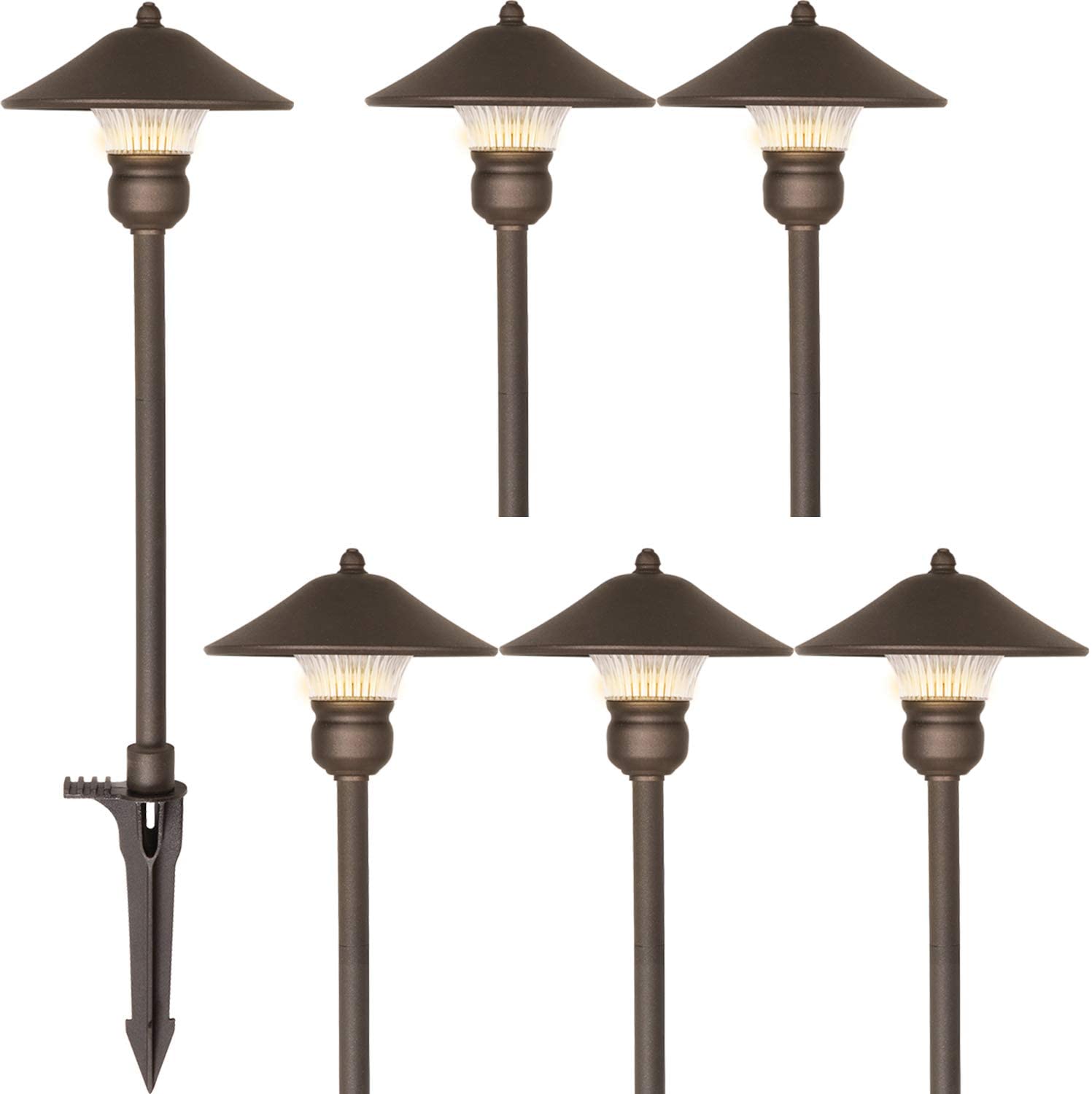 6 Pack Low Voltage LED Landscape Pathway Light. 3W 150LM 12V Wired for Outdoor Yard Lawn. Die-cast Aluminum Construction. 30-Watt Equivalent 15-Year Lifespan