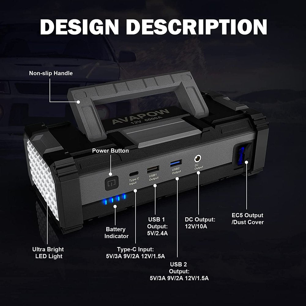6000A Car Jump Starter. Dual USB Quick Charge. LED Light. for Gas/Diesel Engines. 12V Vehicles