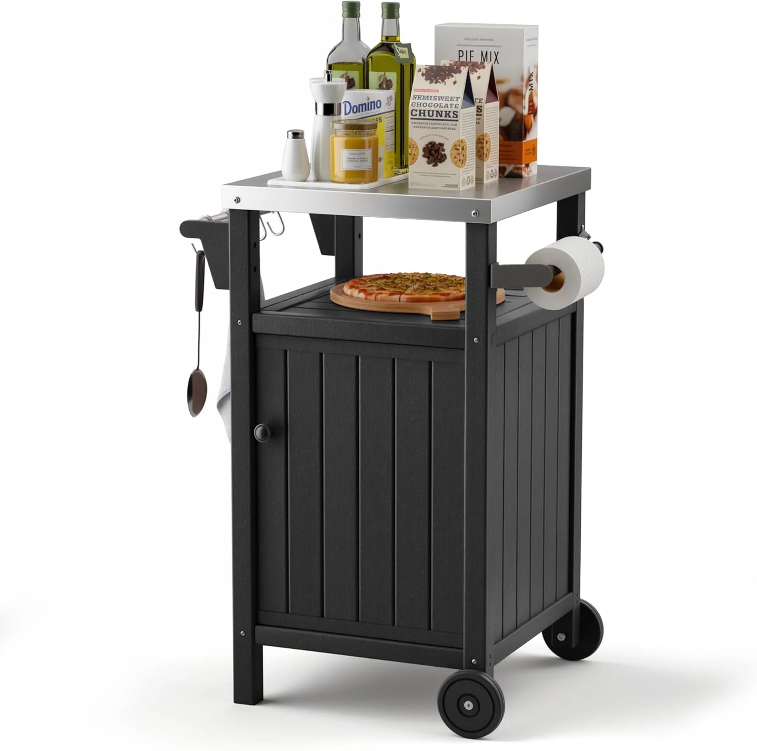 “Portable Outdoor Grill Prep Table with Storage. Stainless-Steel Tabletop. BBQ Cart with Wheels and Side Shelf | Gray”