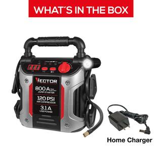 800 Peak Amp Jump Starter 120 PSI Air Compressor Three USB Charging Ports Rechargeable