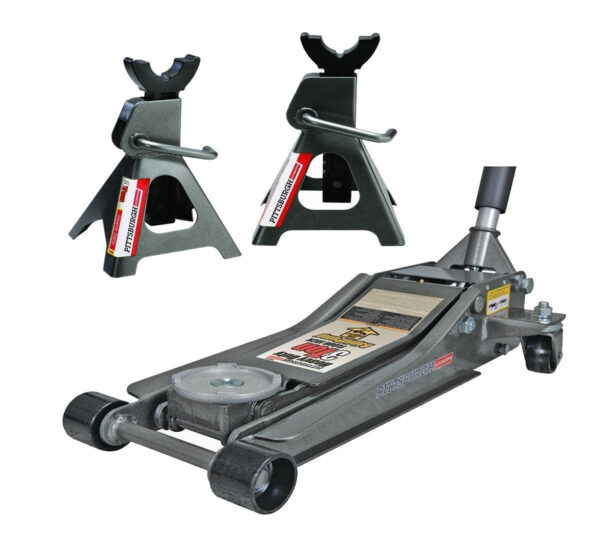 2026 Pittsburg 3 Ton Low Profile Floor Jack and Jack Stands Set Combo with Rapid Pump Quick Lift