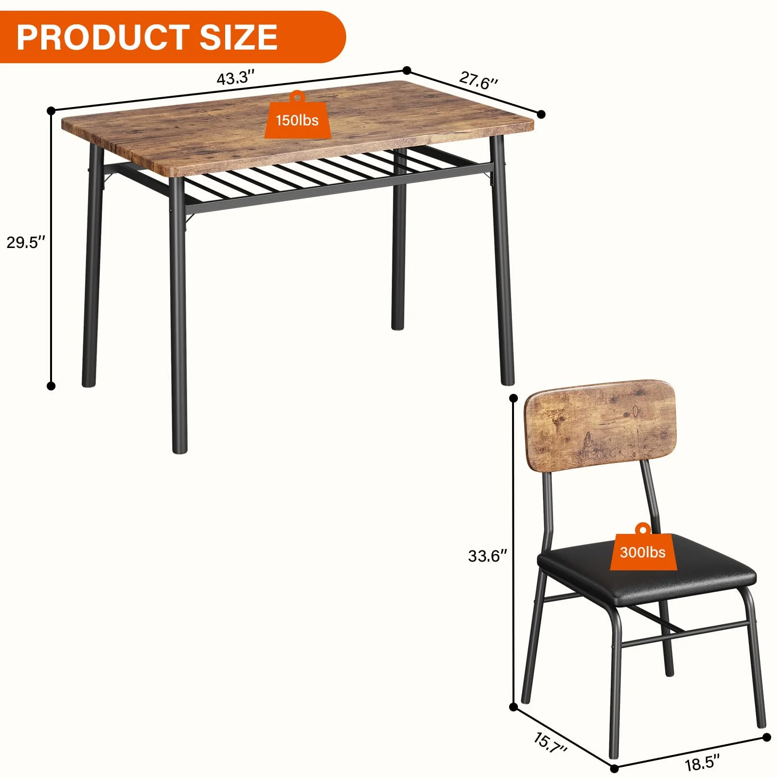 Garvee Dining Room Set for 4, 5-Piece Modern Dining Table Set with Metal Frame, Built-in Storage Rack, Space Saving Kitchen Table with 4 Padded Chairs for Dining Room, Small Space, Vintage Brown