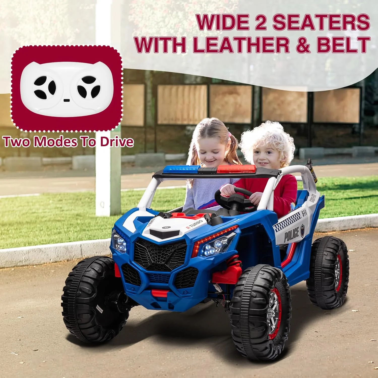 Garvee 24V 2 Seater Kids Ride on UTV Car For age 3+, w/Remote Control, 4WD Powerful Electric Vehicle with 4x75W Motors, 4 Shock Absorber, Leather Seat, Music and Light - Blue