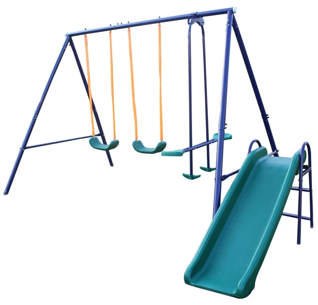 2026 Swing Set, A-Frame Metal Swingsets with Slide Steel Chain and Thick Durable Rope, Safe and Comfortable Kids Swing Set with U-shaped Curve Design for Backyard Outdoor, Blue, Green, Orange