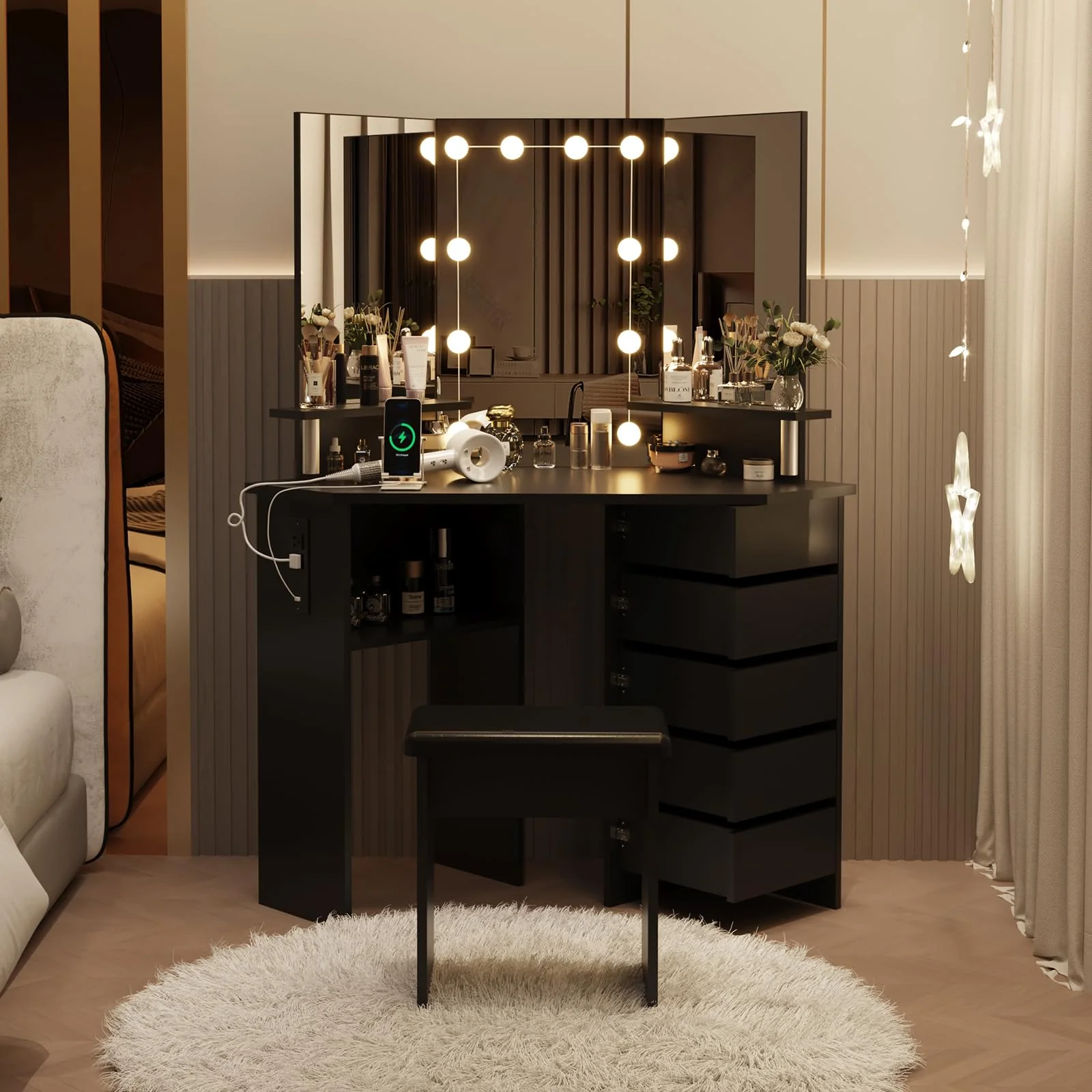 Garvee Corner Makeup Vanity Desk with Lights & Power Outlet - Spacious Tri-Folding Mirror, Adjustable Brightness, 5 Rotating Drawers, Ample Storage, Stool Included