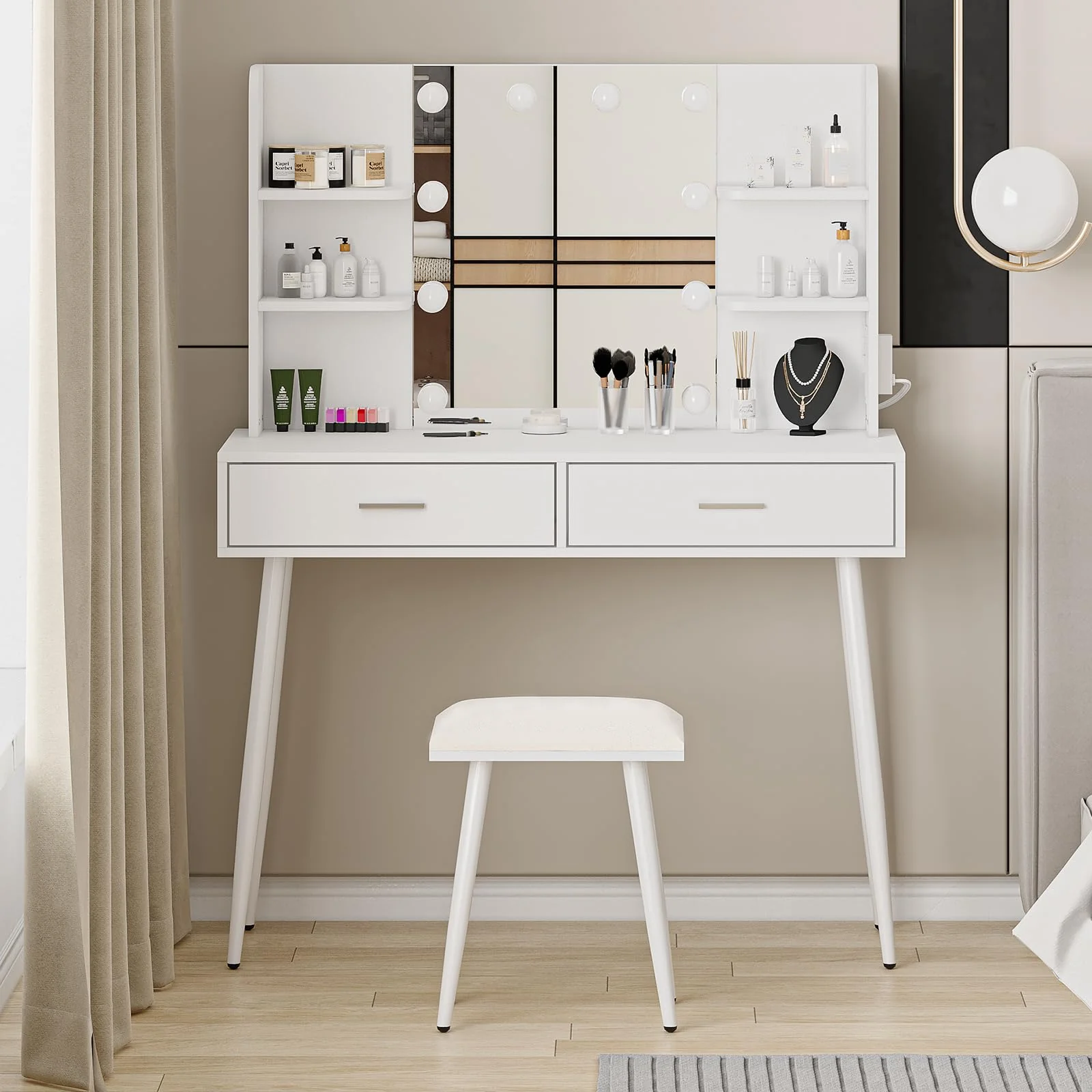 Garvee Vanity Desk, Makeup Vanity Desk with Touch Light Mirror and Power Outlet, Makeup Table with Stool and 2 Drawers, White