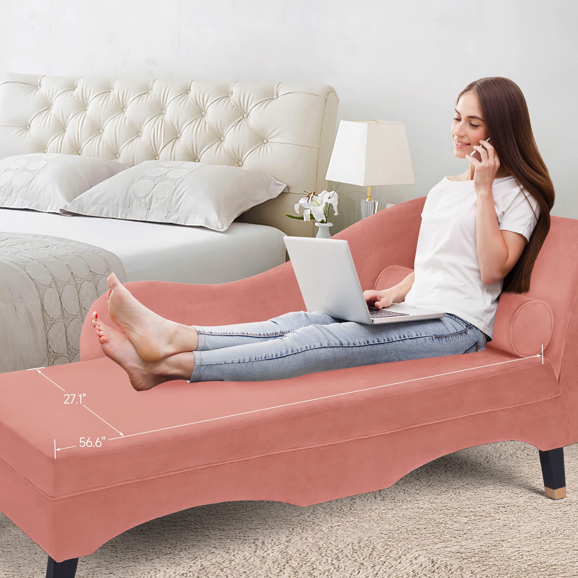 Garvee Chaise Lounge Indoor, Velvet Lounge Chair Lounge with Solid Wood Legs, Recliner Lounge Chair Sofa for Living Room Bedroom (Pink 2)