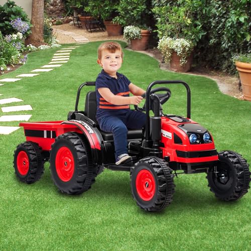 Garvee 12V Electric Ride-On Tractor for Kids with Trailer, Remote Control, Music, LED Lights, and Rear Wheel Suspension - Battery Powered Toy Vehicle - Red