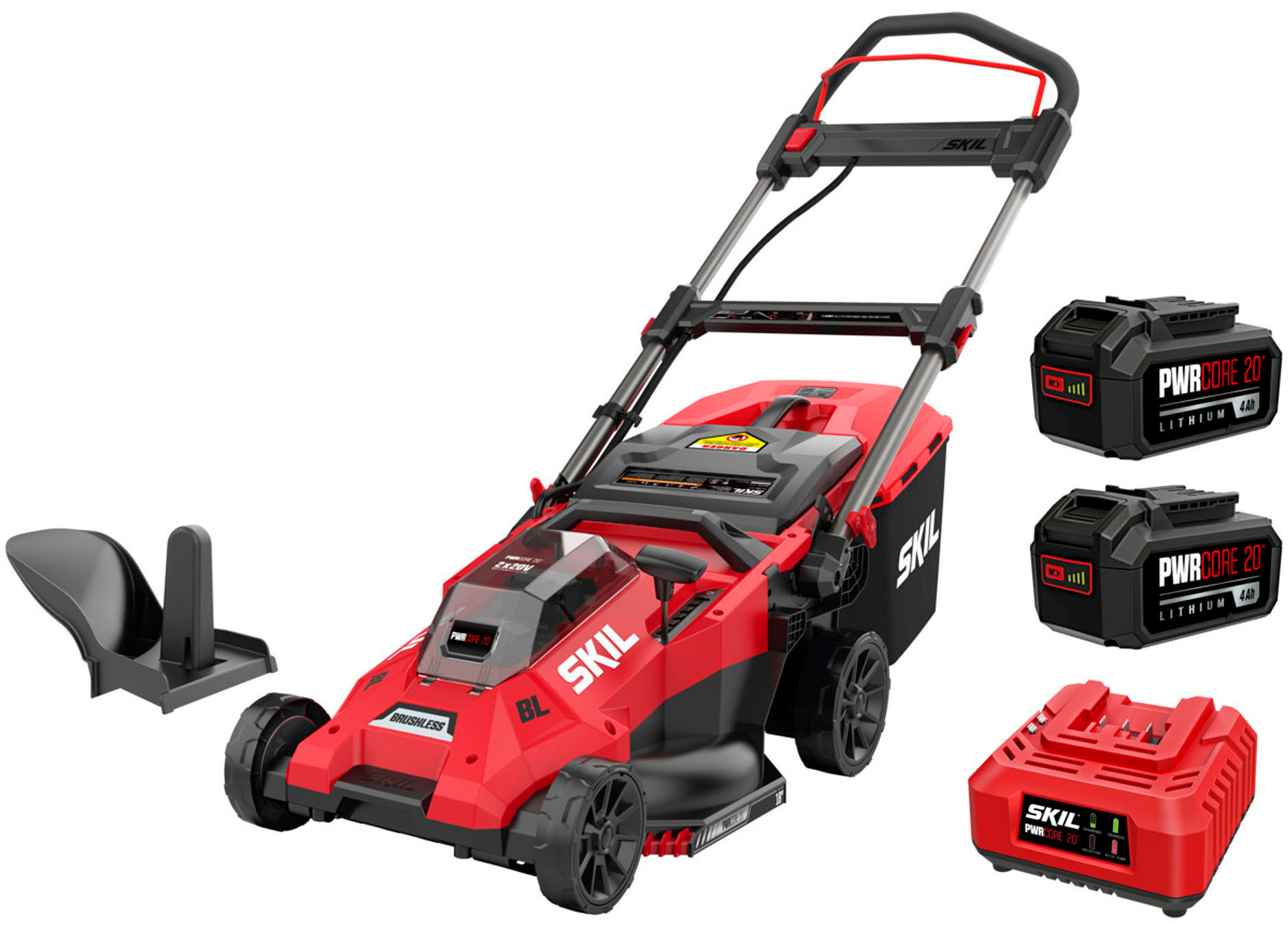 2026 Skil – 20-Volt PWR CORE 20 18-Inch Push Lawn Mower (2 x 4.0Ah Batteries and 1 x Dual Port Charger) – Red/Black