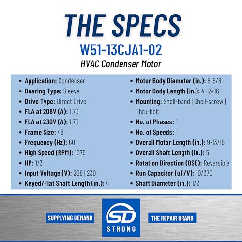2026 Supplying Demand W51-13CJA1-02 HVAC Condenser Motor 1/3 HP 1 Phase 1 Speed 208/230V 1075 RPM Must Match Specs of Current Motor to Function Correctly