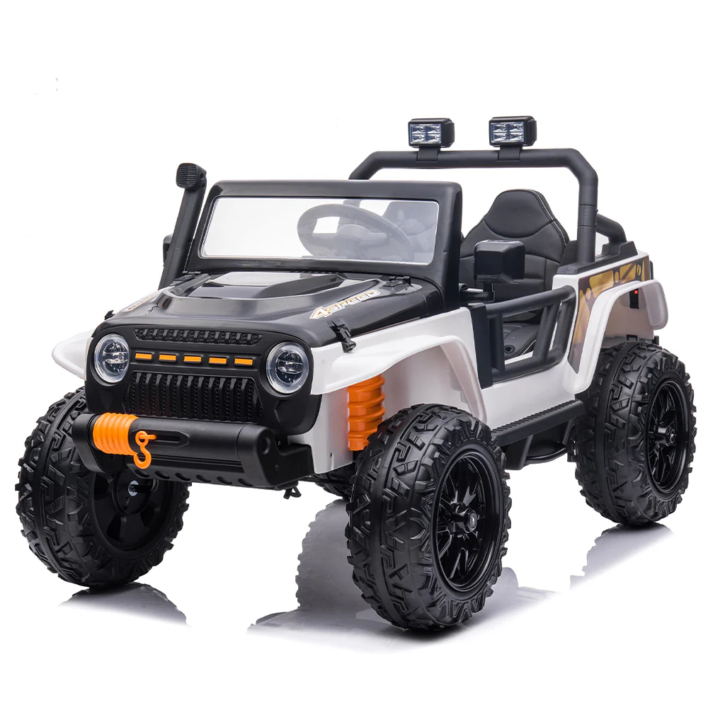 Garvee 24V 2 Seater Ride On Truck Car For Kid age 3 - 8 years, w/Remote Control, 4-Wheeler Suspension, 4x55W Powerful Engine, 4WD Battery Powered, LED Lights, Soft Braking - Black and White Mix