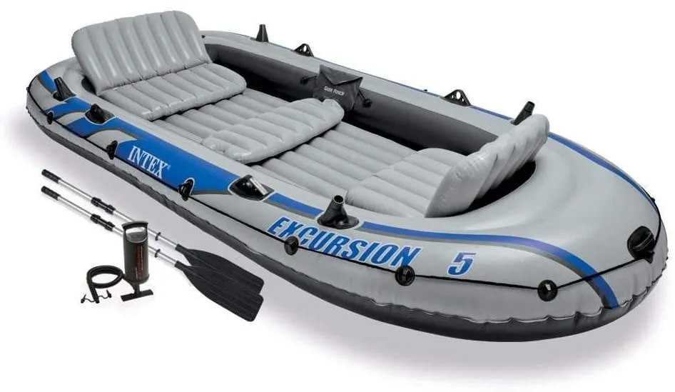 Intex Excursion 5 Person Inflatable Raft, 2 Oars & 2 Red Life Jackets, Large XL