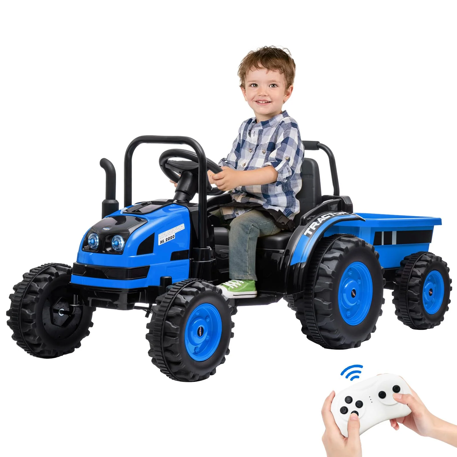Garvee 12V Electric Ride-On Tractor for Kids with Trailer, Remote Control, Music, LED Lights, and Rear Wheel Suspension - Battery Powered Toy Vehicle - Blue