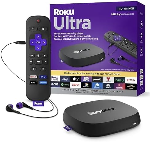 2026 Roku Ultra | The Ultimate Streaming Device 4K/HDR/Dolby Vision/Atmos  Rechargeable Roku Voice Remote Pro  Ethernet Port  Hands-Free Controls  Lost Remote Finder  Free & Live TV