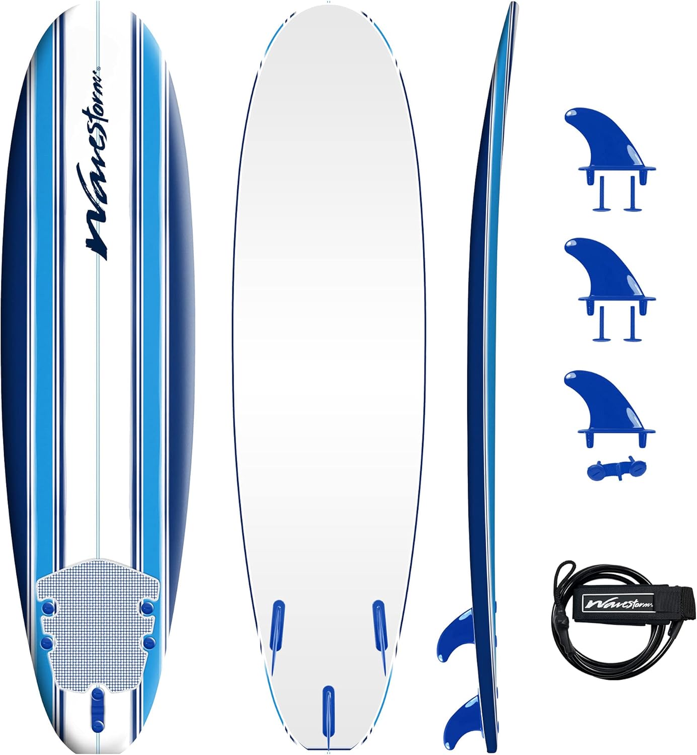 2026 Wavestorm Classic Soft Top Foam 7′ Surfboard for Beginners and All Surfing Levels Complete Set Includes Leash and Multiple Fins Heat Laminated  Blue Pinline