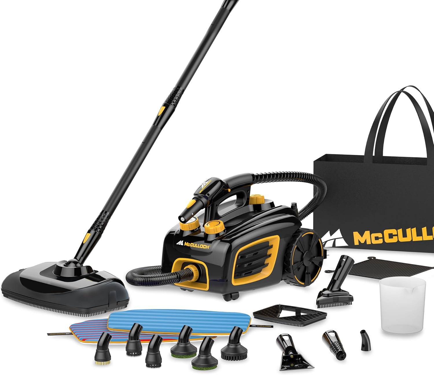 2026 McCulloch MC1375 Canister Steam Cleaner with 20 Accessories  Extra-Long Power Cord  Chemical-Free Cleaning for Most Floors  Counters  Appliances  Windows  Autos  and More  1-(Pack)  Black