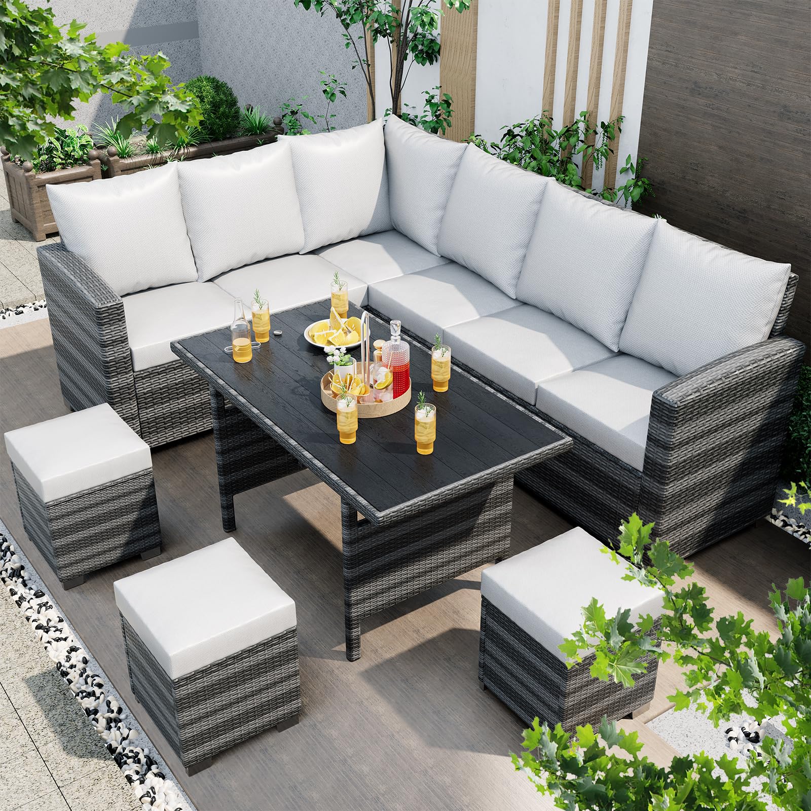 Garvee 7 PCS Patio Furniture Set,PE Rattan Grey Wicker, Outdoor Sofa Set,Sectional Chair Set with Washable Cushions, Tea Table,Conversation Furniture for Garden Poolside Balcony (Beige)