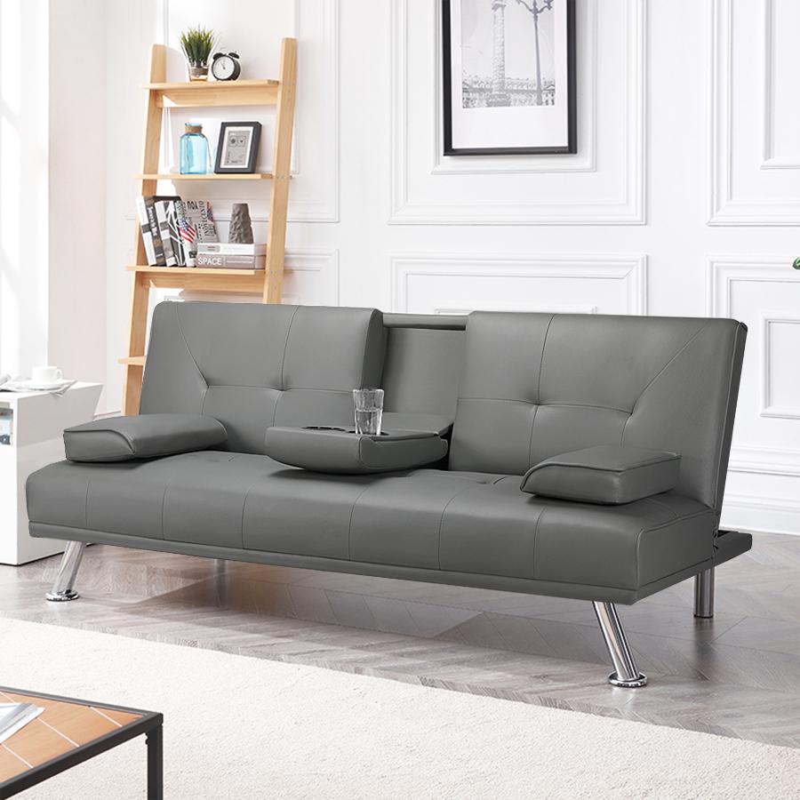 2026 LuxuryGoods Modern Faux Leather Futon with Cupholders and Pillows, Gray