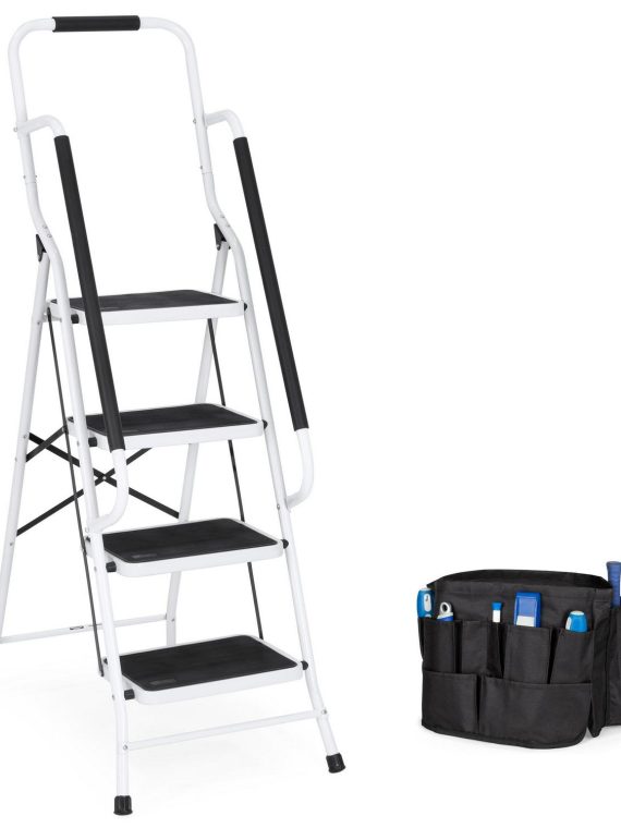 2026 Best Choice Products 4-Step Portable Folding Anti-Slip Steel Ladder w/ Handrails, Attachable Tool Bag