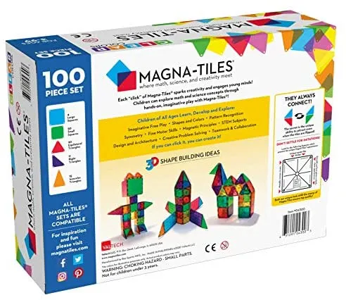 Magna-Tiles 100-Piece Clear Colors Set, Educational Toys