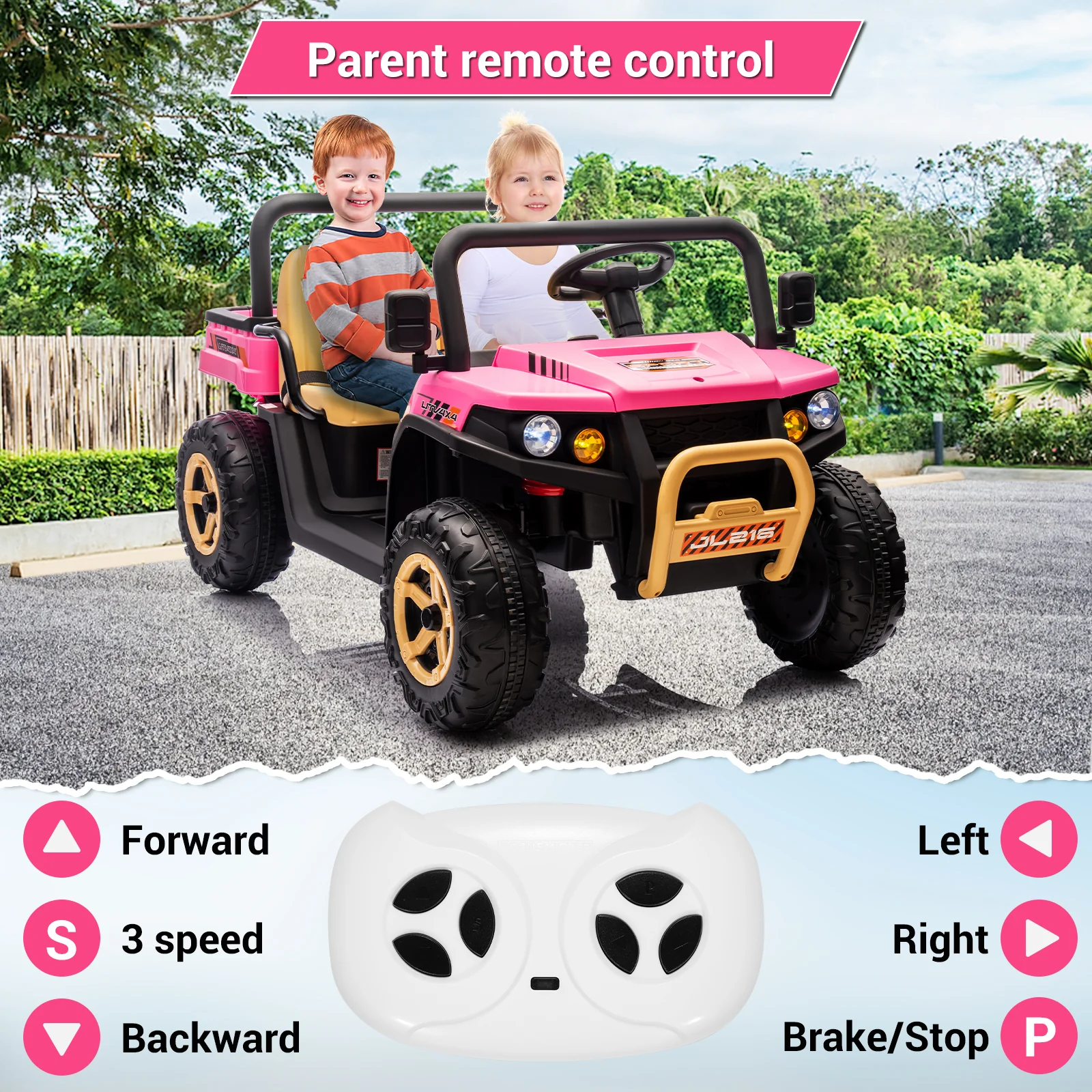 Garvee 24v Ride On Dump Truck, 2 Seater Electric Ride On Car Toy for Kids, Battery Powered UTV with 4x35W Motors, Shovel, Bluetooth, Remote Control, Music, LED Lights for Boys & Girls, Pink