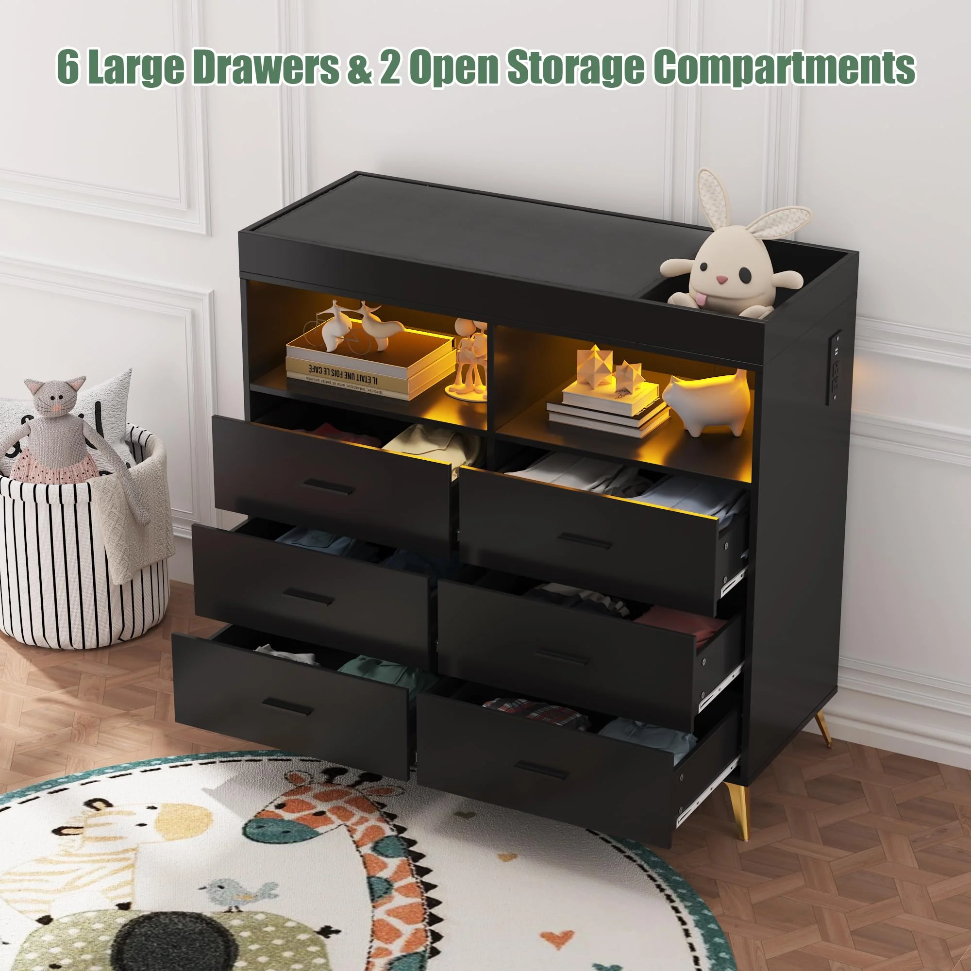 Garvee Changing Table Dresser with Drawers, Baby Dresser with Changing Table Top, Power Outlet, LED Light & Metal Feet, Diaper Changing Station Nursery Organizer for Infants Newborn, Black