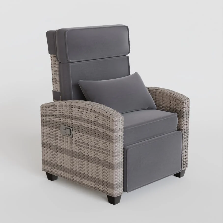 Garvee Outdoor Adjustable PE Rattan Recliner Chair with Flip-Up Side Table 150° Lay Flat All-Weather Steel Frame Gray Cushion Patio Lounge Chair for Garden Poolside Balcony in Gray and White Gradient