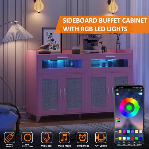 Garvee Sideboard Buffet Cabinet With Power Outlet & LED Light, Kitchen Storage Cabinet With 2 Fluted Acrylic Drawers & 4 Rattan Doors, Coffee Bar Cabinet Wood Buffet Table for Kitchen, Dining Room (Pink)