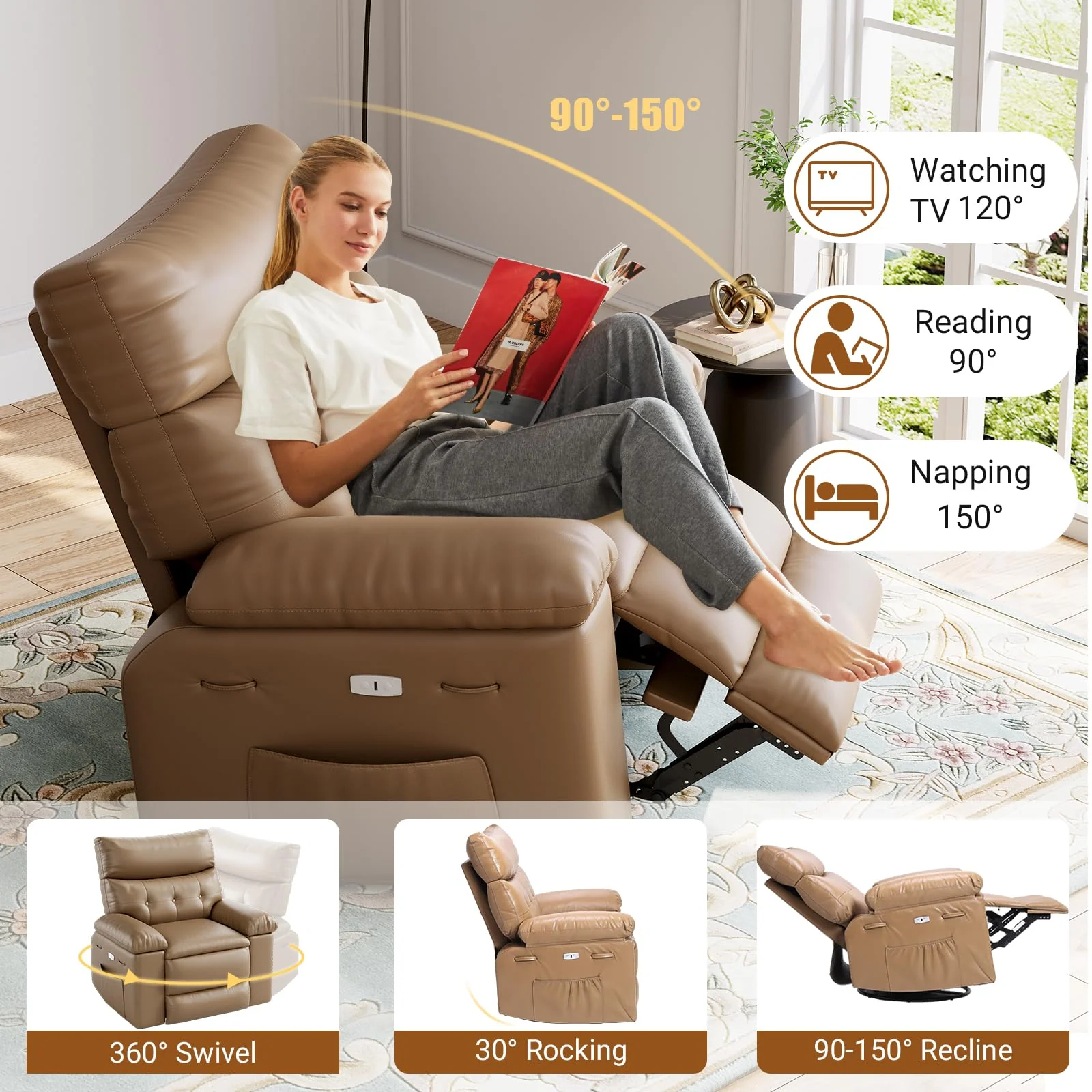 Garvee Recliner Chair for Adults,PU Leather Electric Rocker Recliner,360 Degree Swivel Lounge Chair with Side Pocket,Modern Massage Recliner Chair Sofa for Living Room,Bedroom (Light Brown)