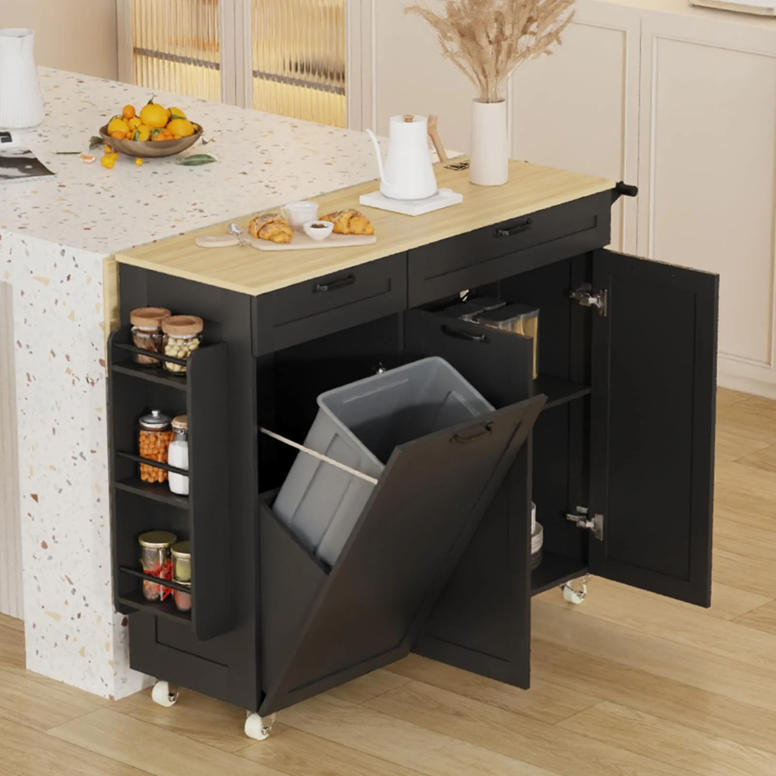 Garvee Rolling Kitchen Island with Trash Can Storage, Portable Trolley Islands with Drop Leaf & Power Outlet for Kitchen, Spice Rack, Mobile Island Table, Black