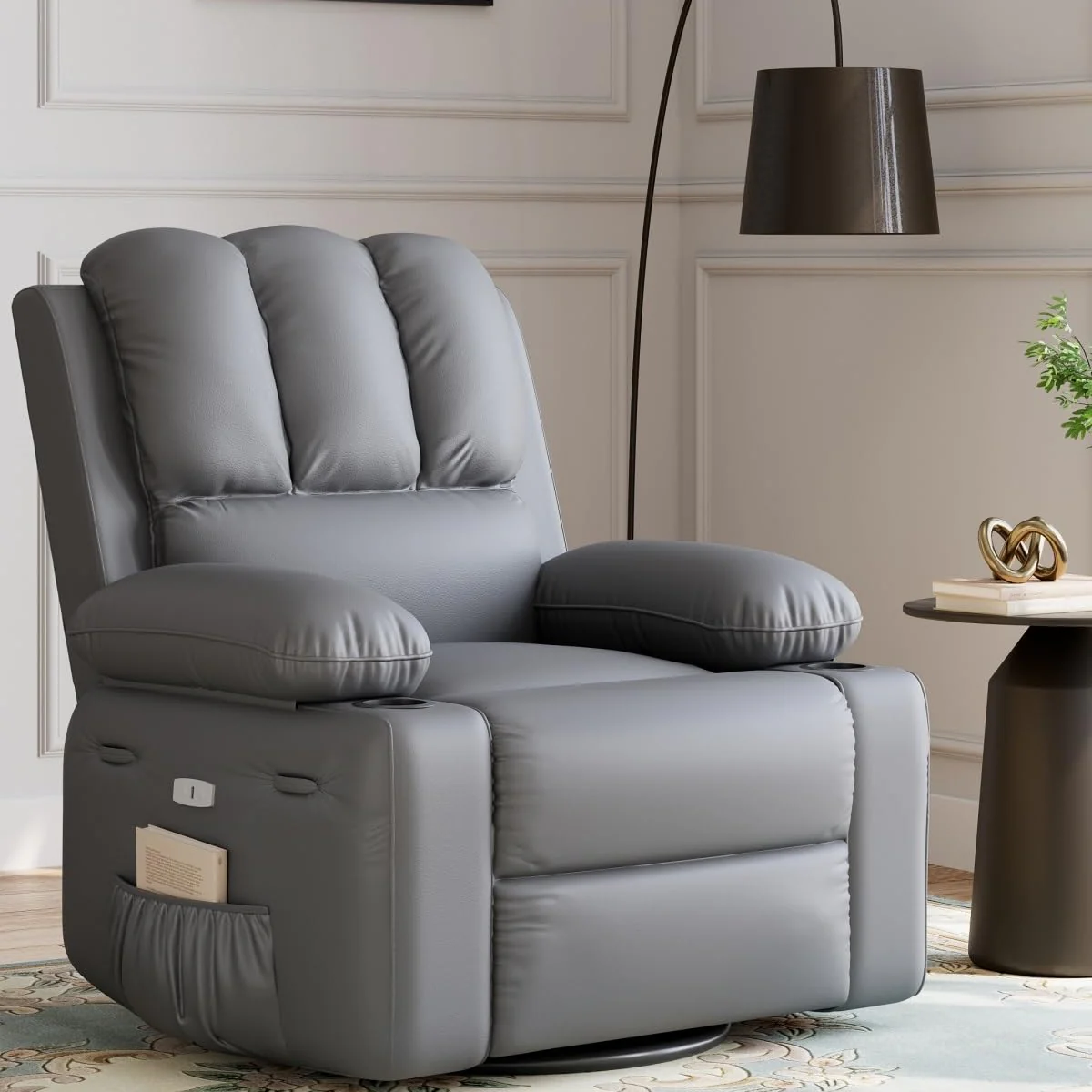Garvee Oversized Power Recliner Chair with Heat and Massage - 360° Swivel Lazy Boy Recliner Chair for Adults, Faux Leather Rocking Chair with Cup Holder for Living Rooms, Bedrooms, and Nurseries - Grey