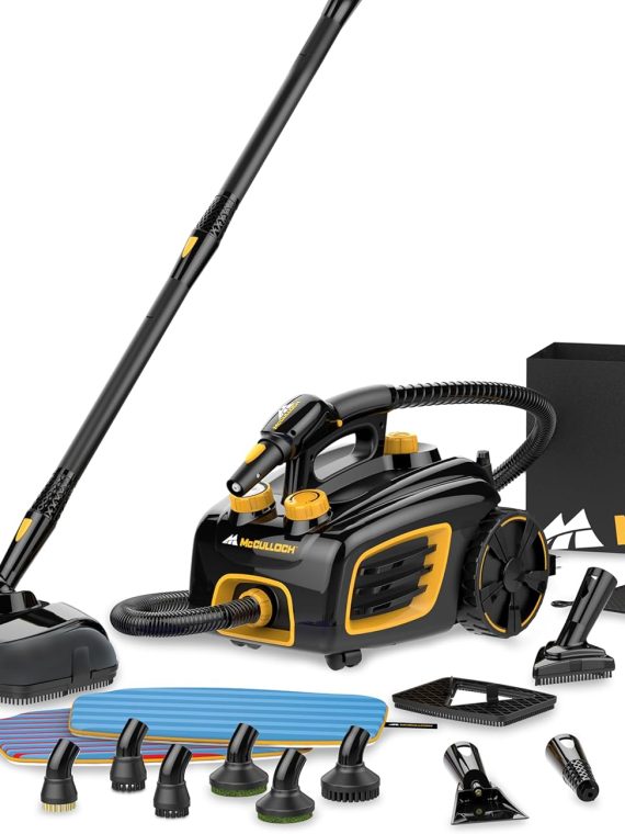 2026 McCulloch MC1375 Canister Steam Cleaner with 20 Accessories  Extra-Long Power Cord  Chemical-Free Cleaning for Most Floors  Counters  Appliances  Windows  Autos  and More  1-(Pack)  Black